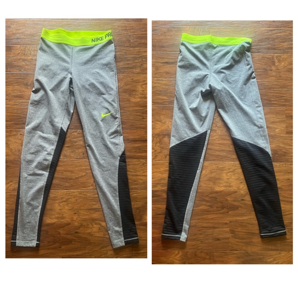 EUC Nike Pro Women’s Leggings - Gray/Black/Highlighter Yellow - Sz Medium